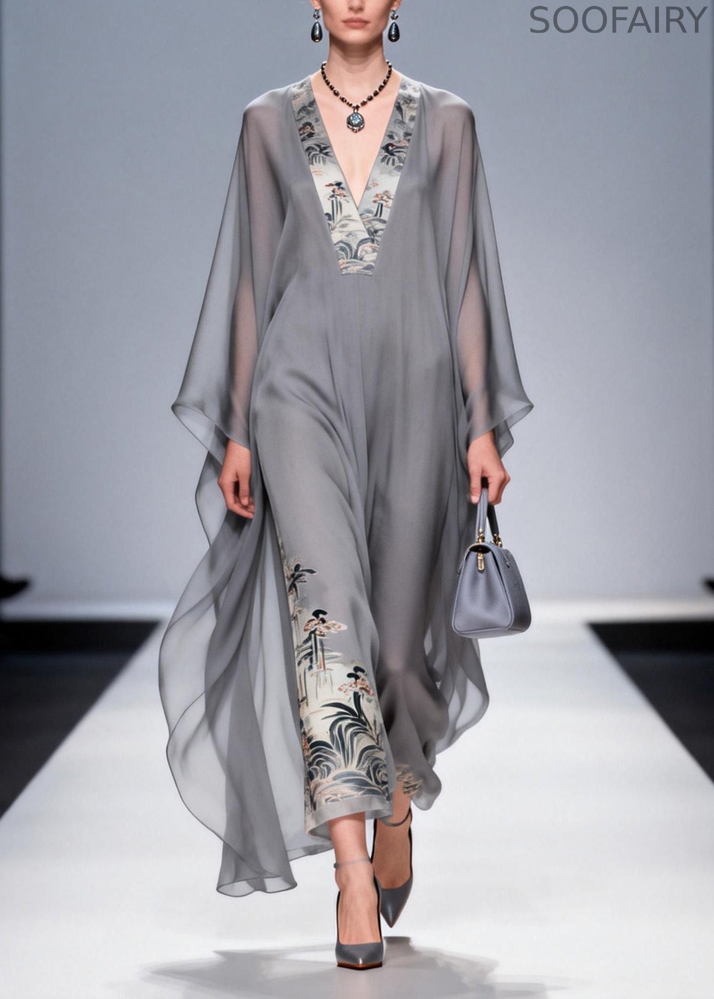 Handmade Grey V Neck Print Patchwork Chiffon Dresses Spring
