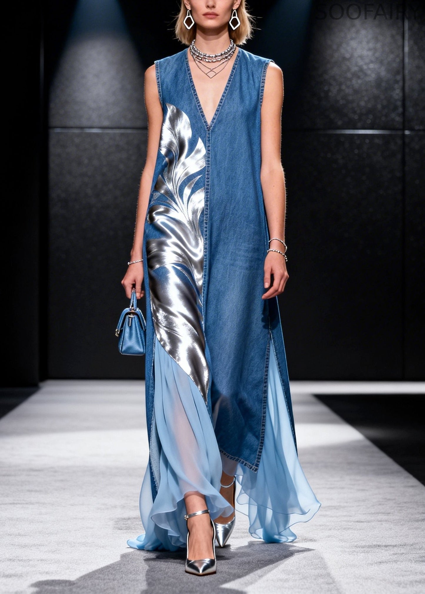 French Blue Asymmetrical Tulle Patchwork Denim Long Dress Summer