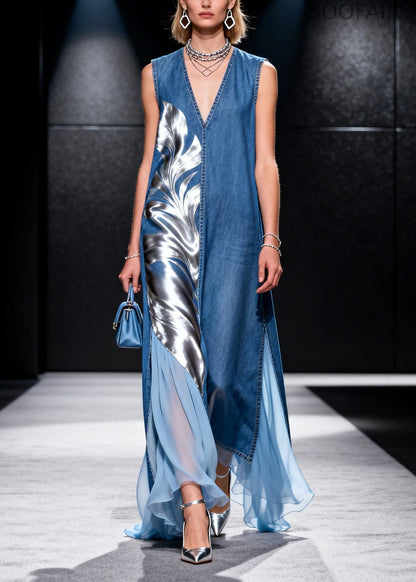 French Blue Asymmetrical Tulle Patchwork Denim Long Dress Summer