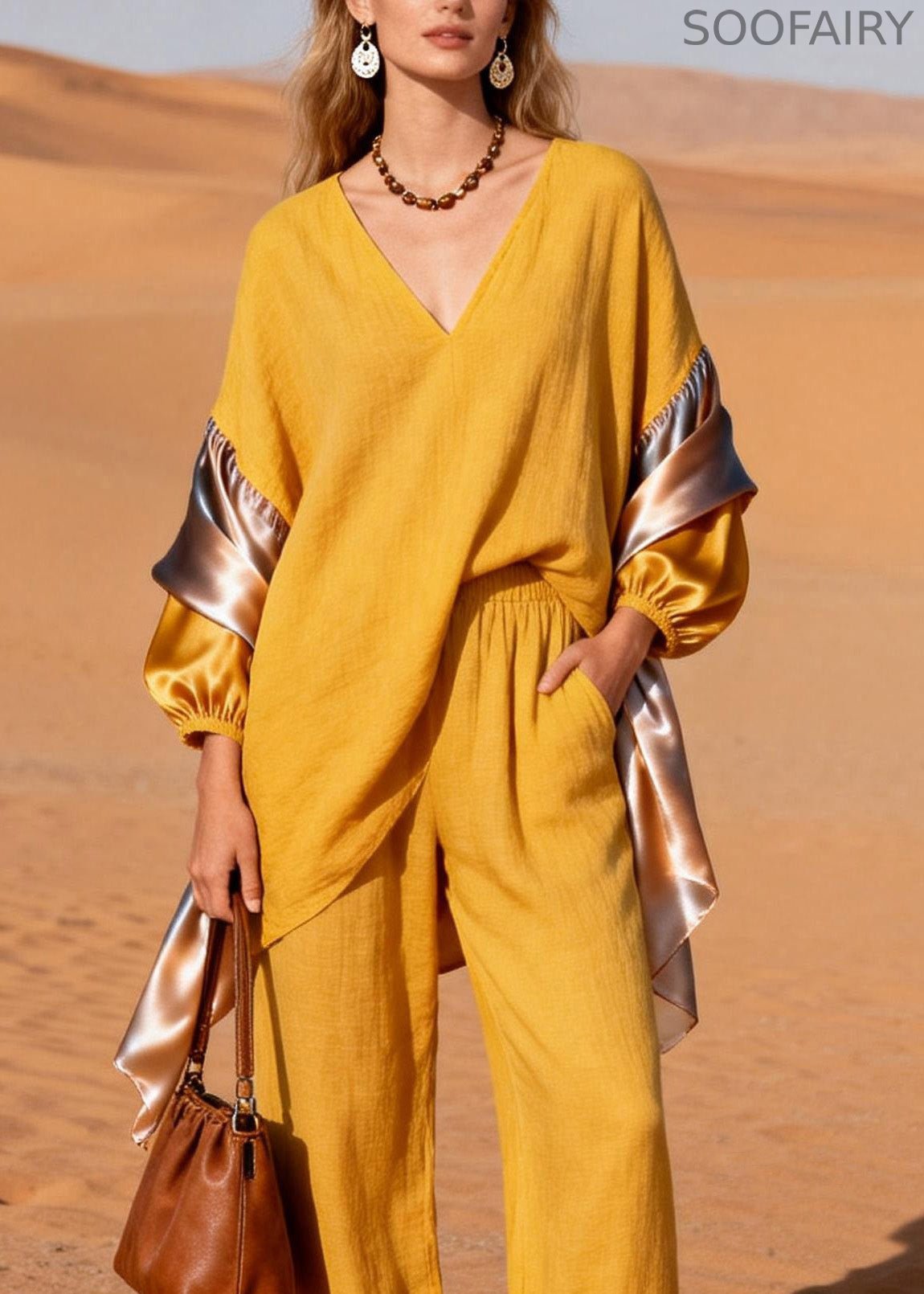 Stylish Yellow V Neck Patchwork Linen Silk Two Pieces Set Spring