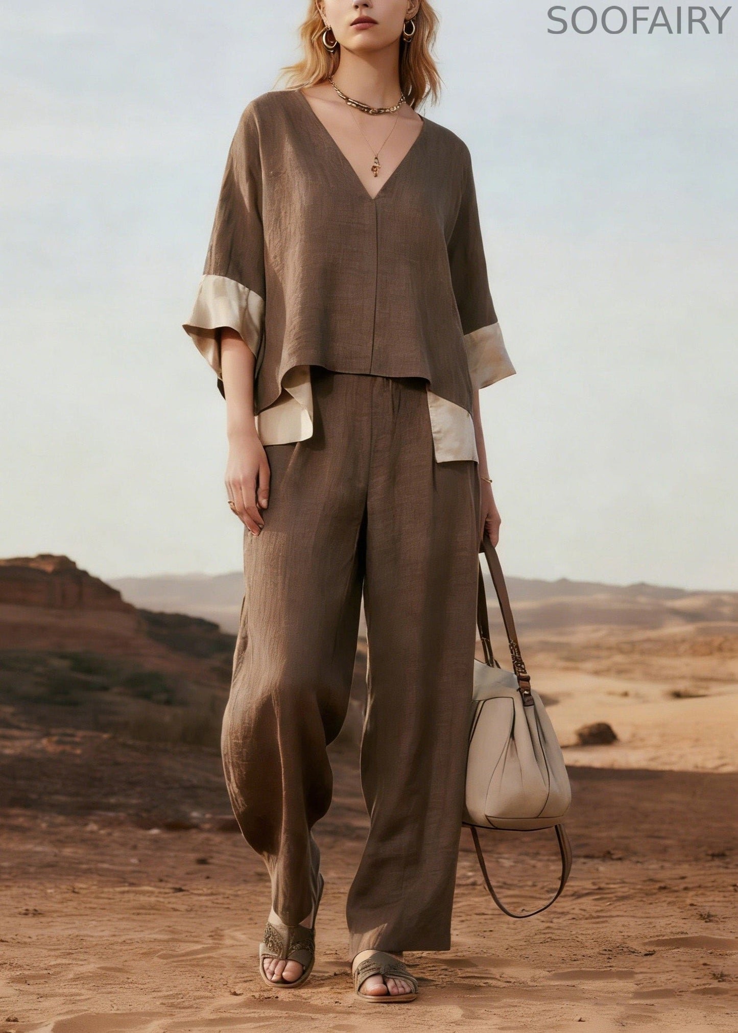 V Neck Patchwork Linen Two Pieces Set Summer