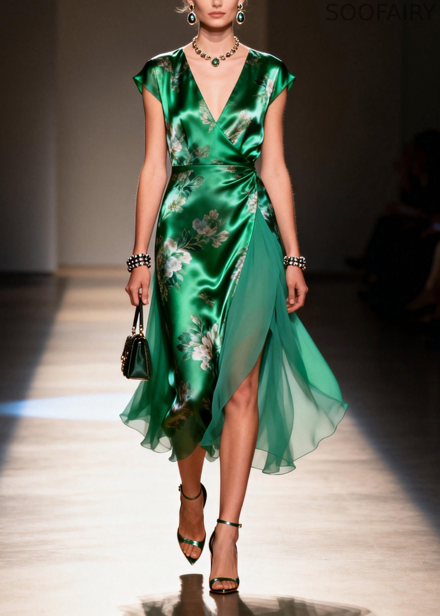 Style Tea Green Print Patchwork Silk Long Dress Summer