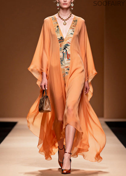 Orange V Neck Print Patchwork Chiffon Dress Spring