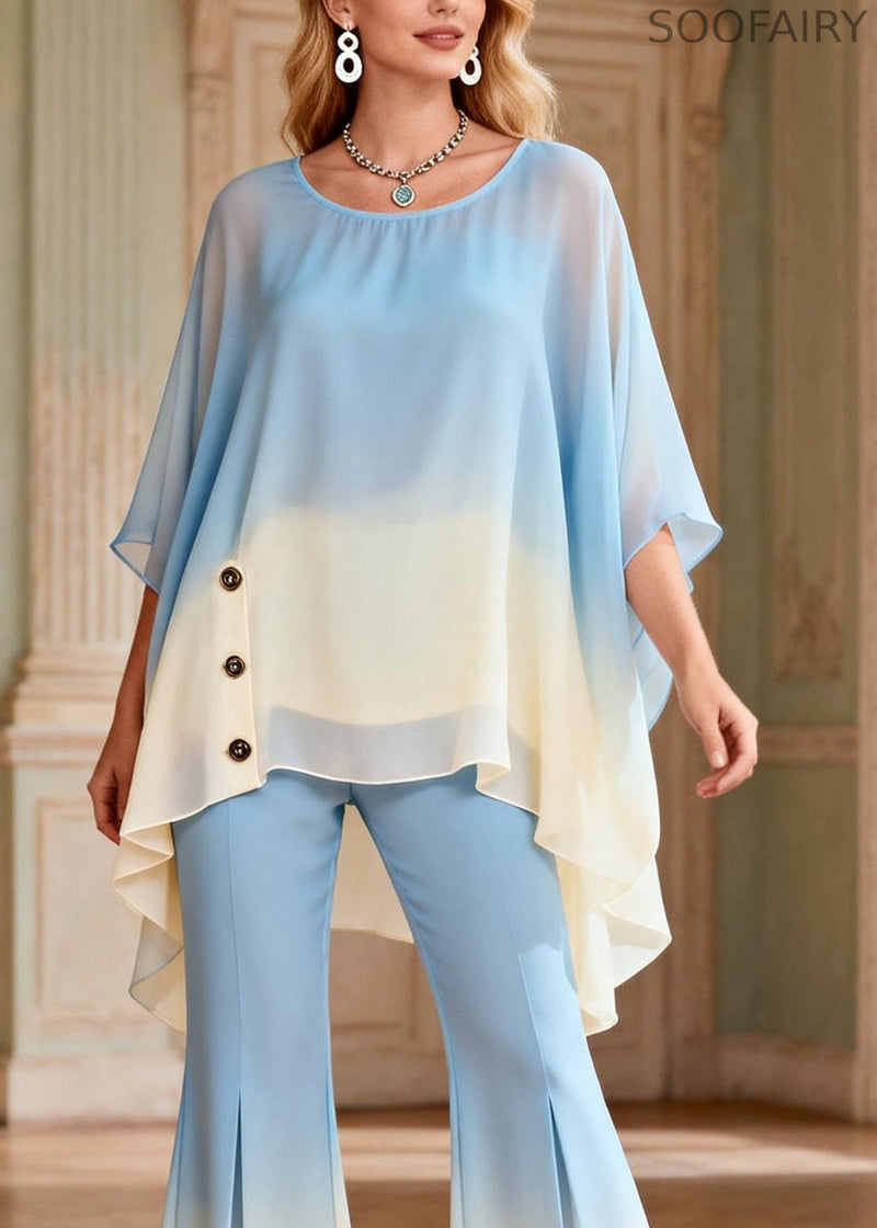 Gradient Color Blue O-neck Top and Flared Trousers Two Pieces Set Flare Sleeve