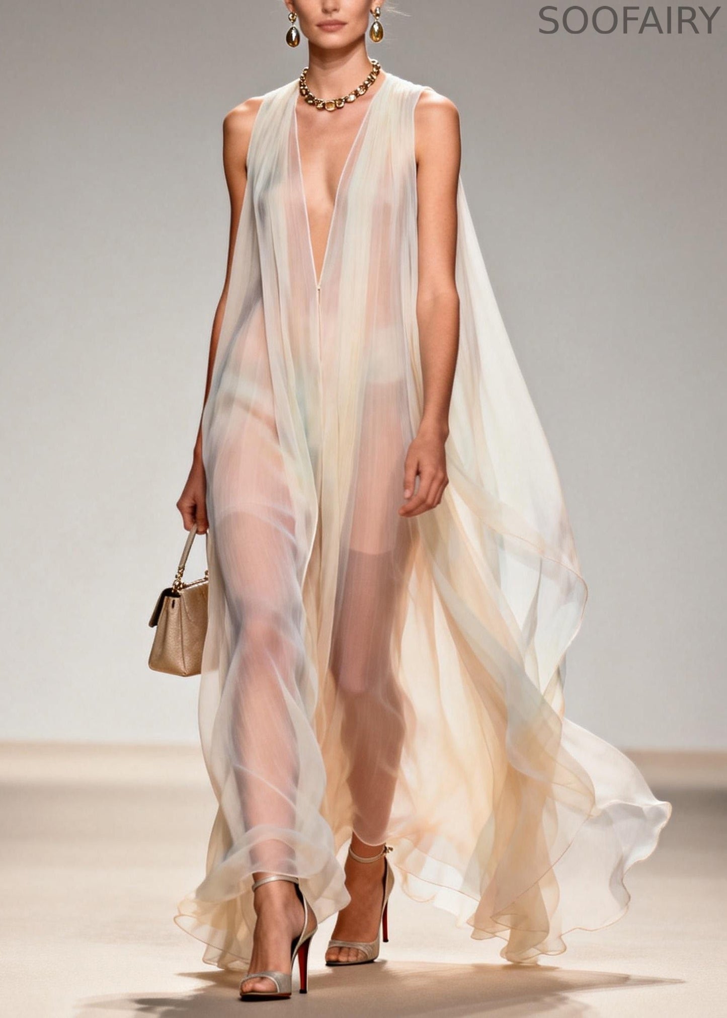 V Neck Chiffon Long Dresses Sleeveless