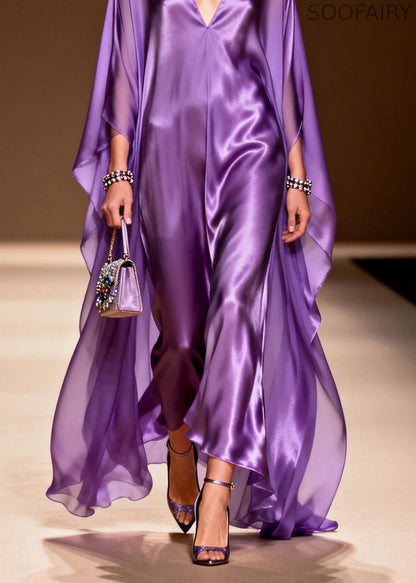 Purple V Neck Silk Long Dress Spring