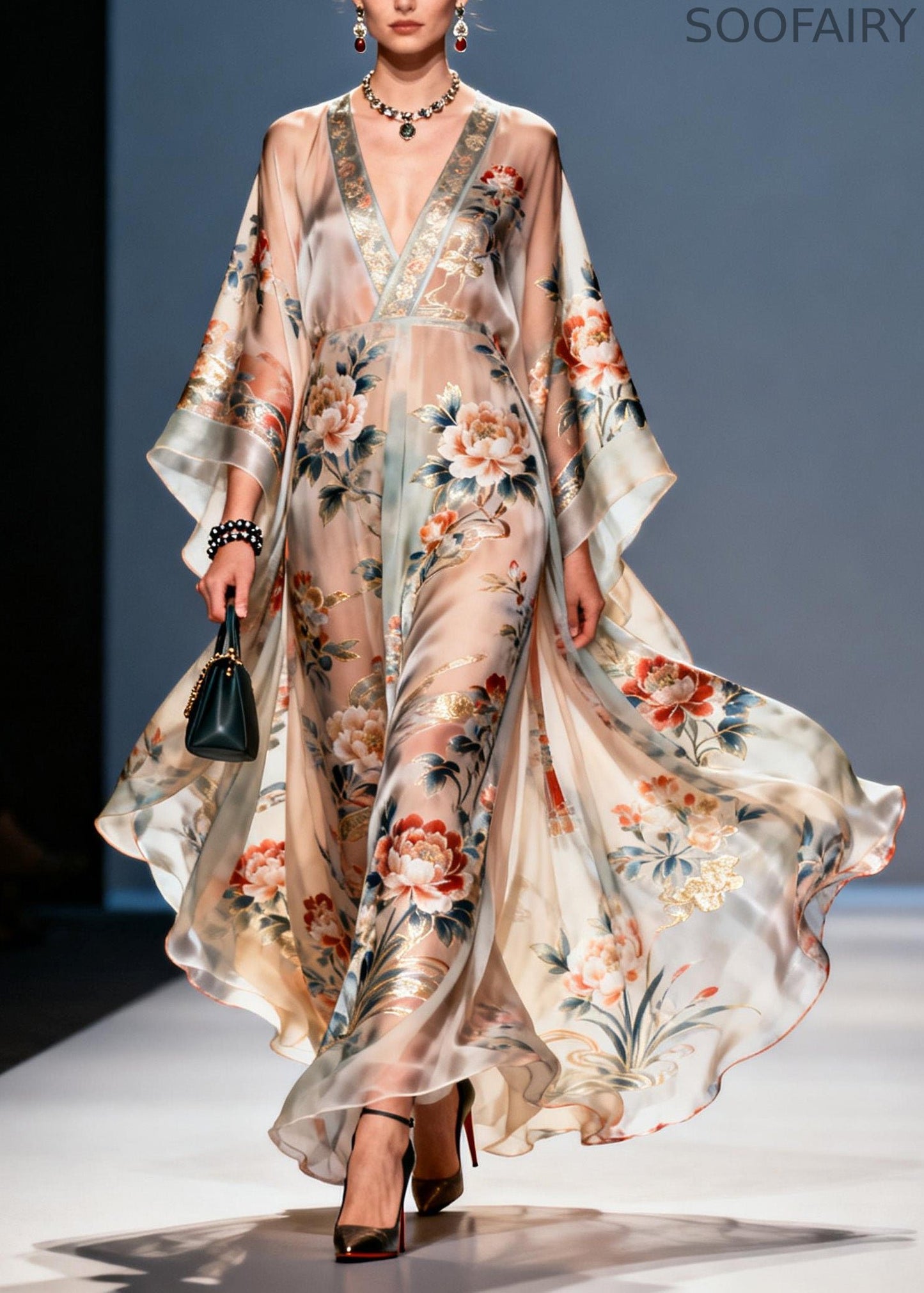 Handmade V Neck Print Chiffon Vacation Dresses Summer