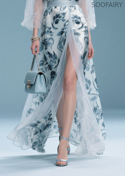 Italian Light Blue Print Patchwork Tulle Maxi Dress Summer