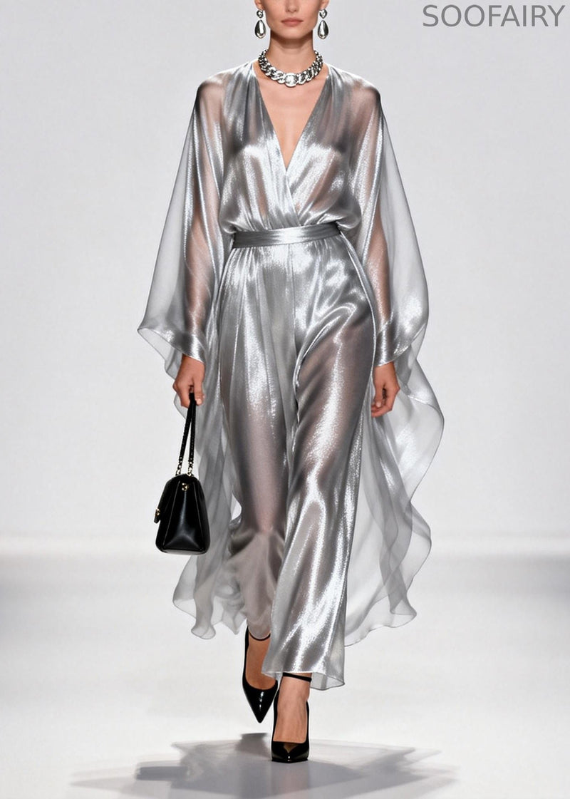 Silvery Tunic Draping Chiffon Long Dress Summer