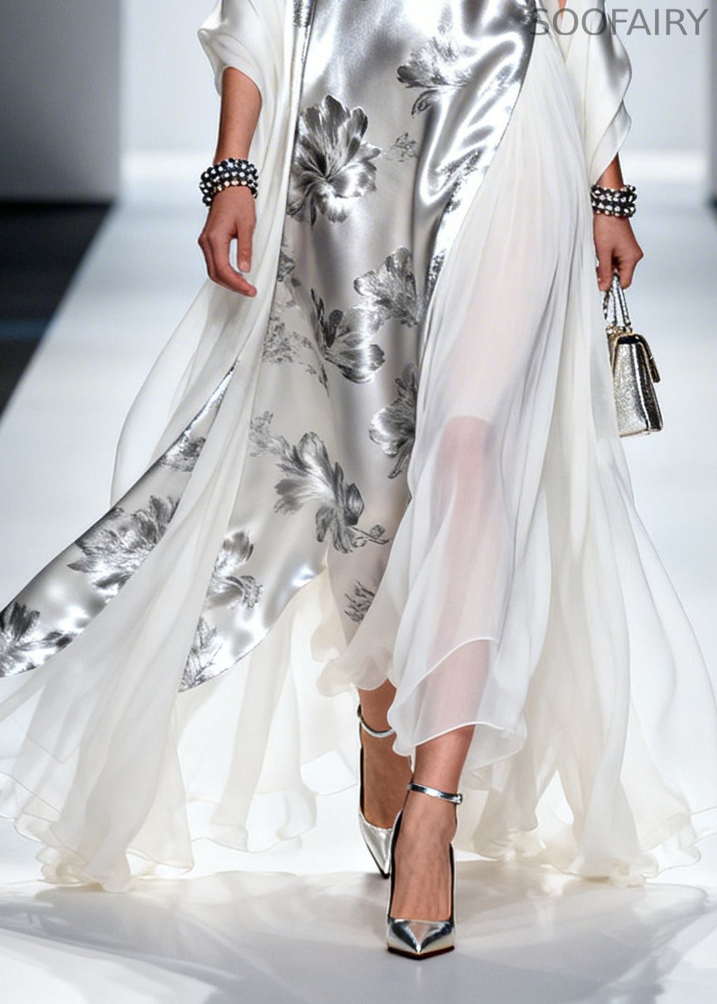Silvery Print Patchwork Draping Silk Long Dress Summer