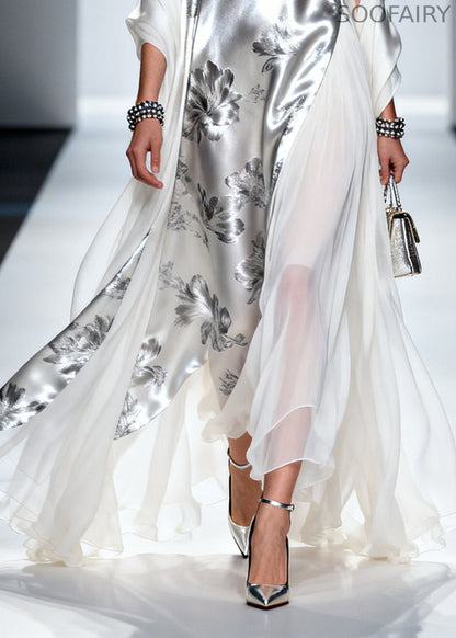 Silvery Print Patchwork Draping Silk Long Dress Summer