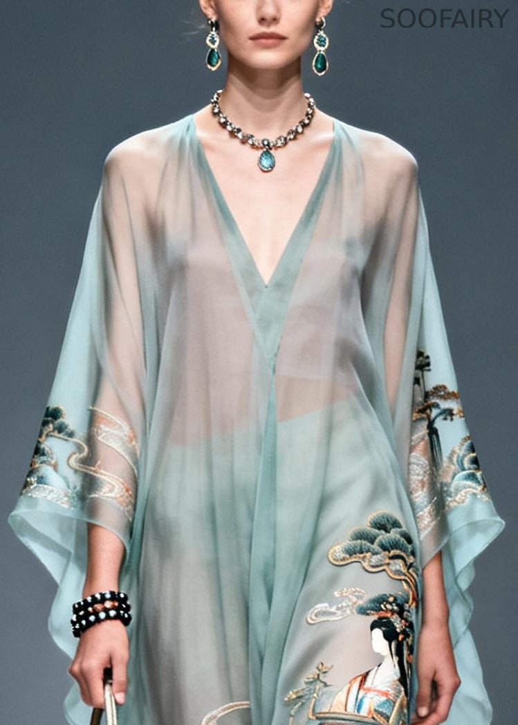 Blue Oversized Print Chiffon Long Dresses Summer
