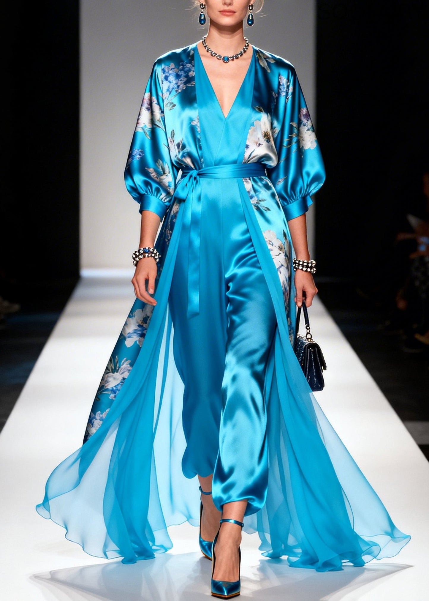 Blue Print Draping Silk Long Dresses Two Piece Set Summer