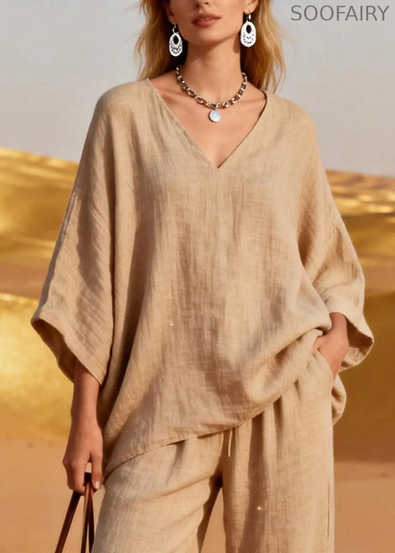 Khaki V Neck Sequins Pockets Patchwork Linen Two Pieces Set Spring