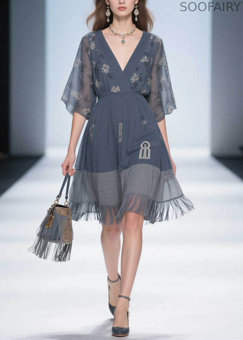Classy Grey V Neck Tassel Patchwork Cotton Dress Summer