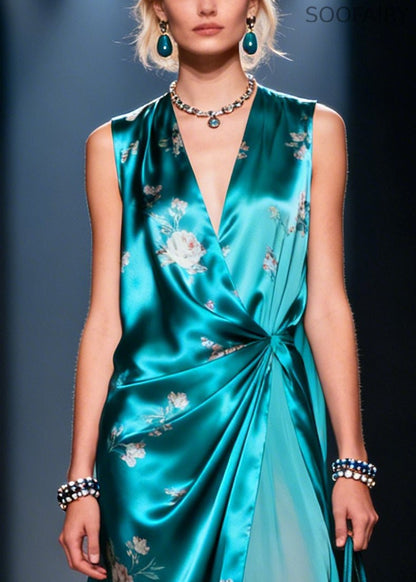 Blue Asymmetrical Print Silk Party Dress Summer