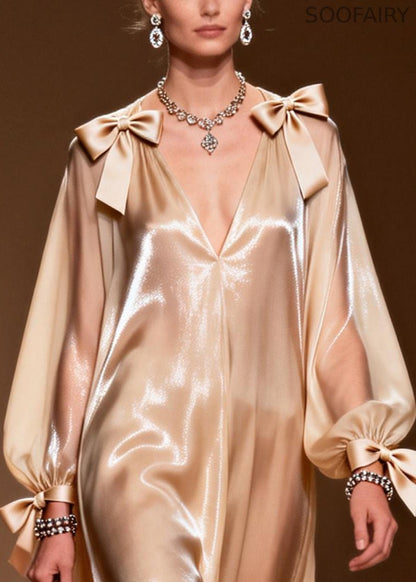 Khaki V Neck Bow Chiffon Party Dress Summer