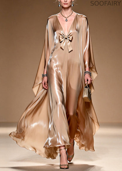 V Neck Bow Patchwork Silk Maxi Dresses Spring