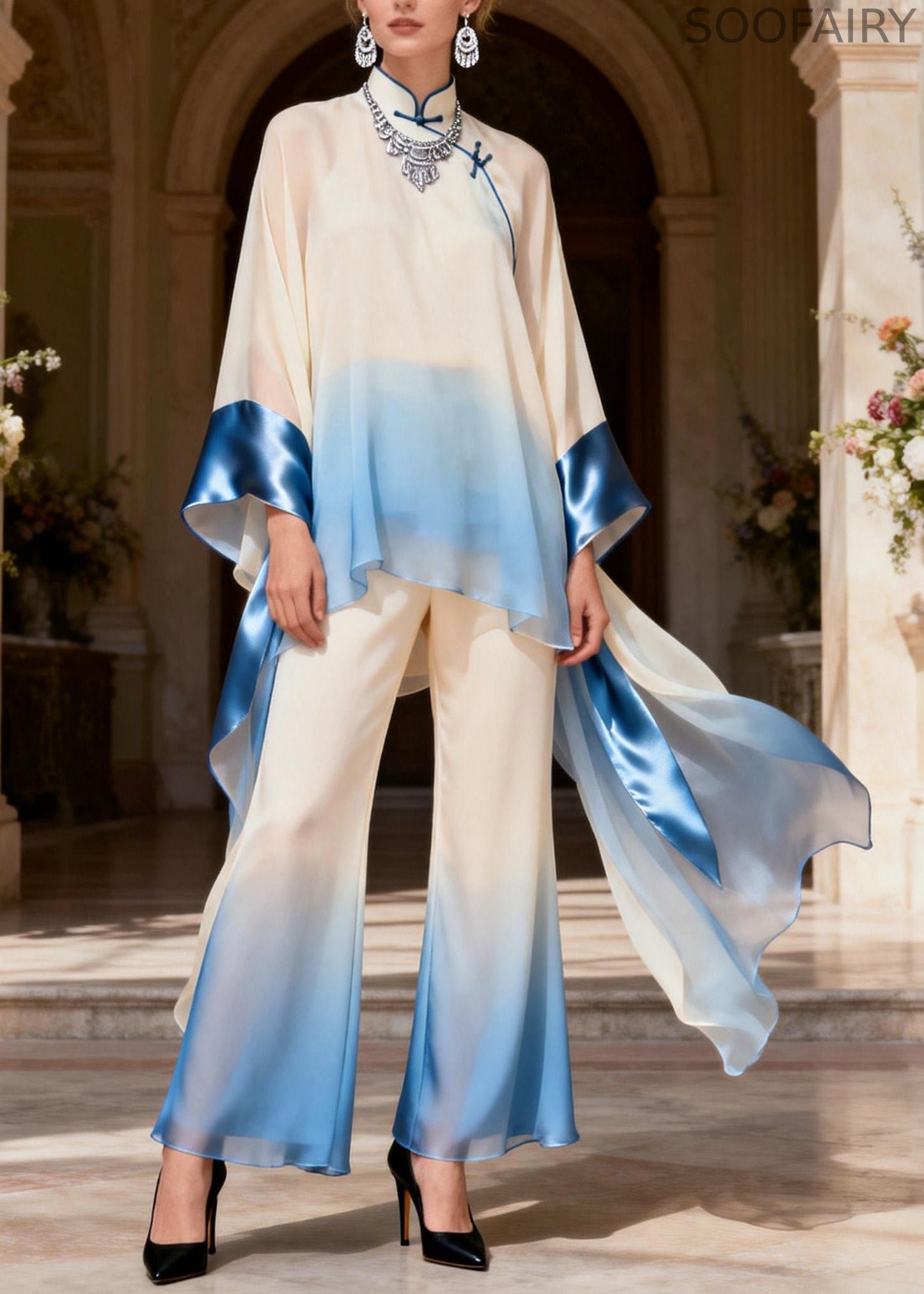 Original Design Stand Collar Patchwork Silk Two Pieces Set Spring