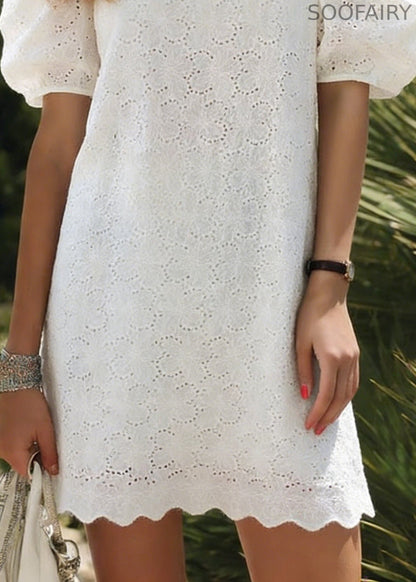 White O Neck Hollow Out Cotton Dress Puff Sleeve