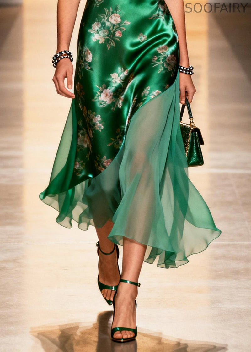 Peacock Green Print Patchwork Silk Cami Dresses Summer
