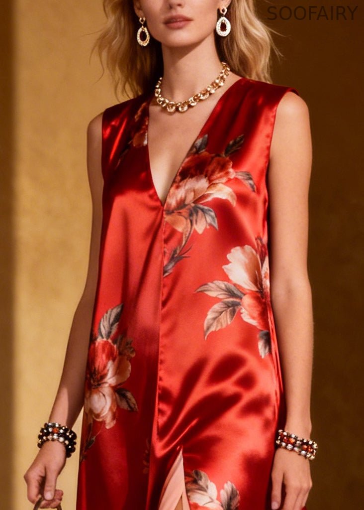 Red Print Side Open Chiffon Holiday Dress Sleeveless