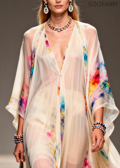 Modern Apricot V Neck Print Chiffon Holiday Dress Summer