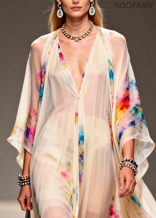 Modern Apricot V Neck Print Chiffon Holiday Dress Summer