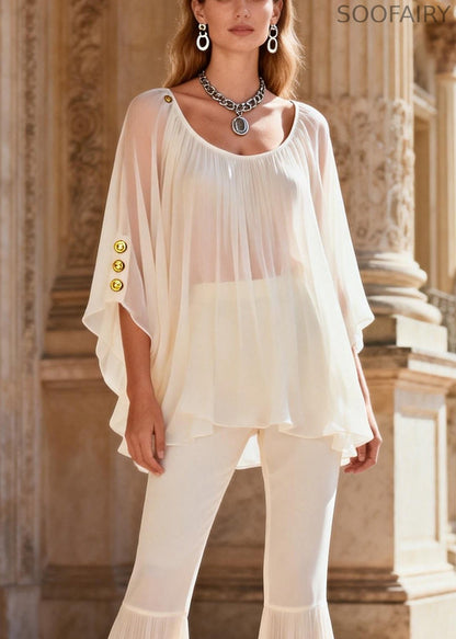 Loose White O-neck Silk Top and Flared Trousers Two Pieces Set Spring
