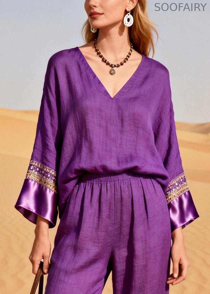 Organic Purple V Neck Patchwork Silk Cotton Two Piece Set Spring