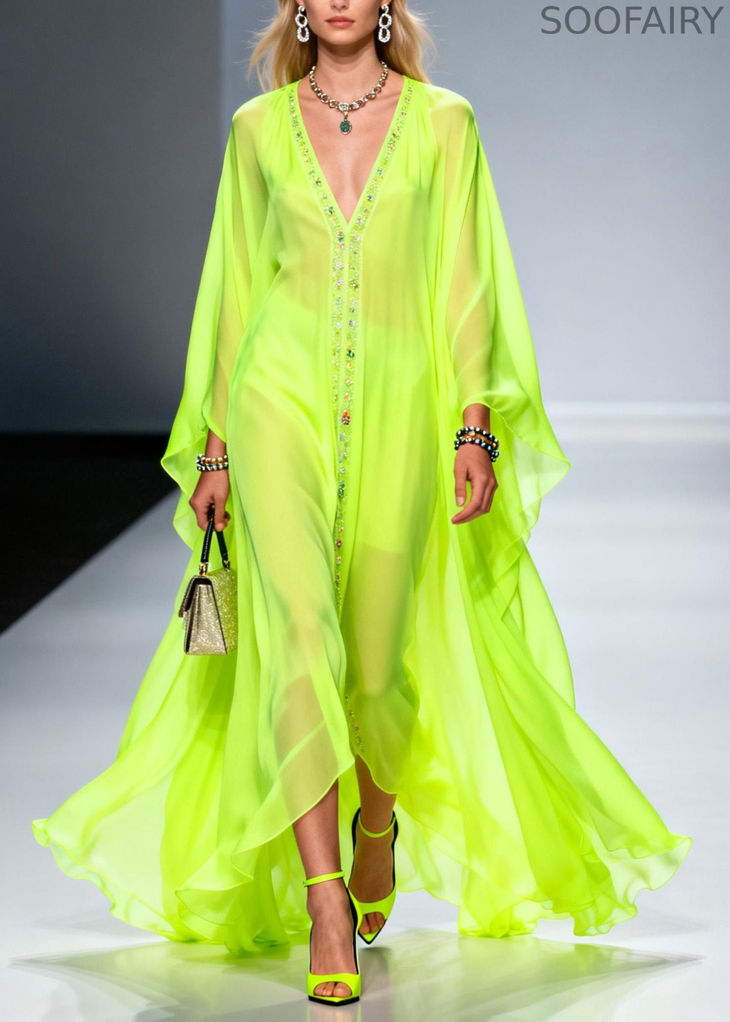Handmade Fluorescent Green V Neck Zircon Chiffon Dress Spring