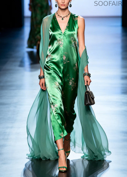 Green Print Patchwork Tulle Holiday Dress Summer