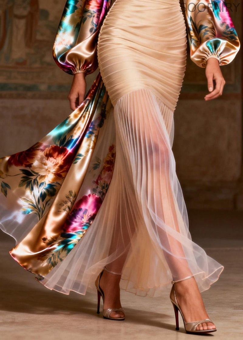 Apricot Print Patchwork Chiffon Pleated Dress Summer