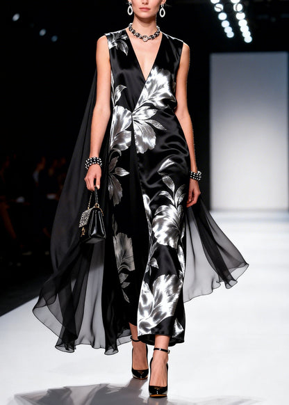 Black Jacquard Patchwork Shawl Silk Party Dress Summer