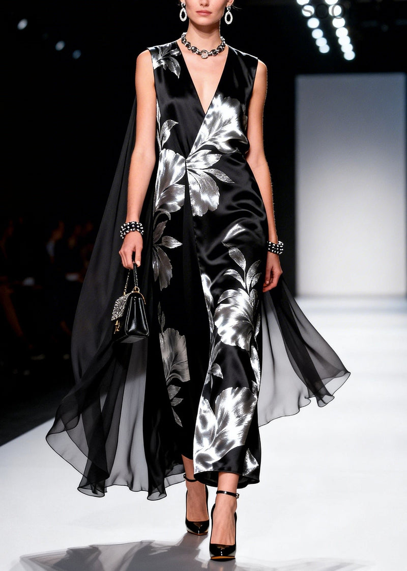 Black Jacquard Patchwork Shawl Silk Party Dress Summer