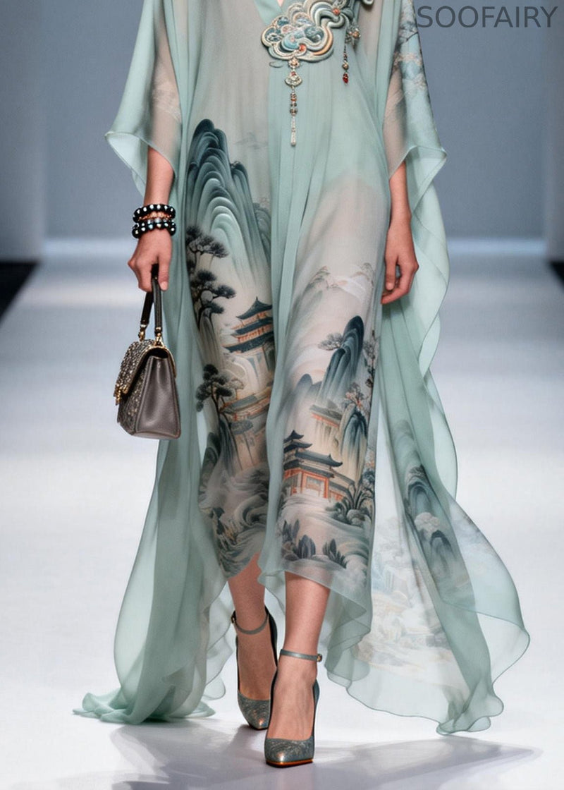 Original Design V Neck Print Chiffon Maxi Dress Summer