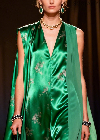Peacock Green Oversized Patchwork Exra Large Hem Silk Dresses Sleeveless