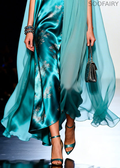 Blue Asymmetrical Patchwork Tulle Maxi Dresses Sleeveless