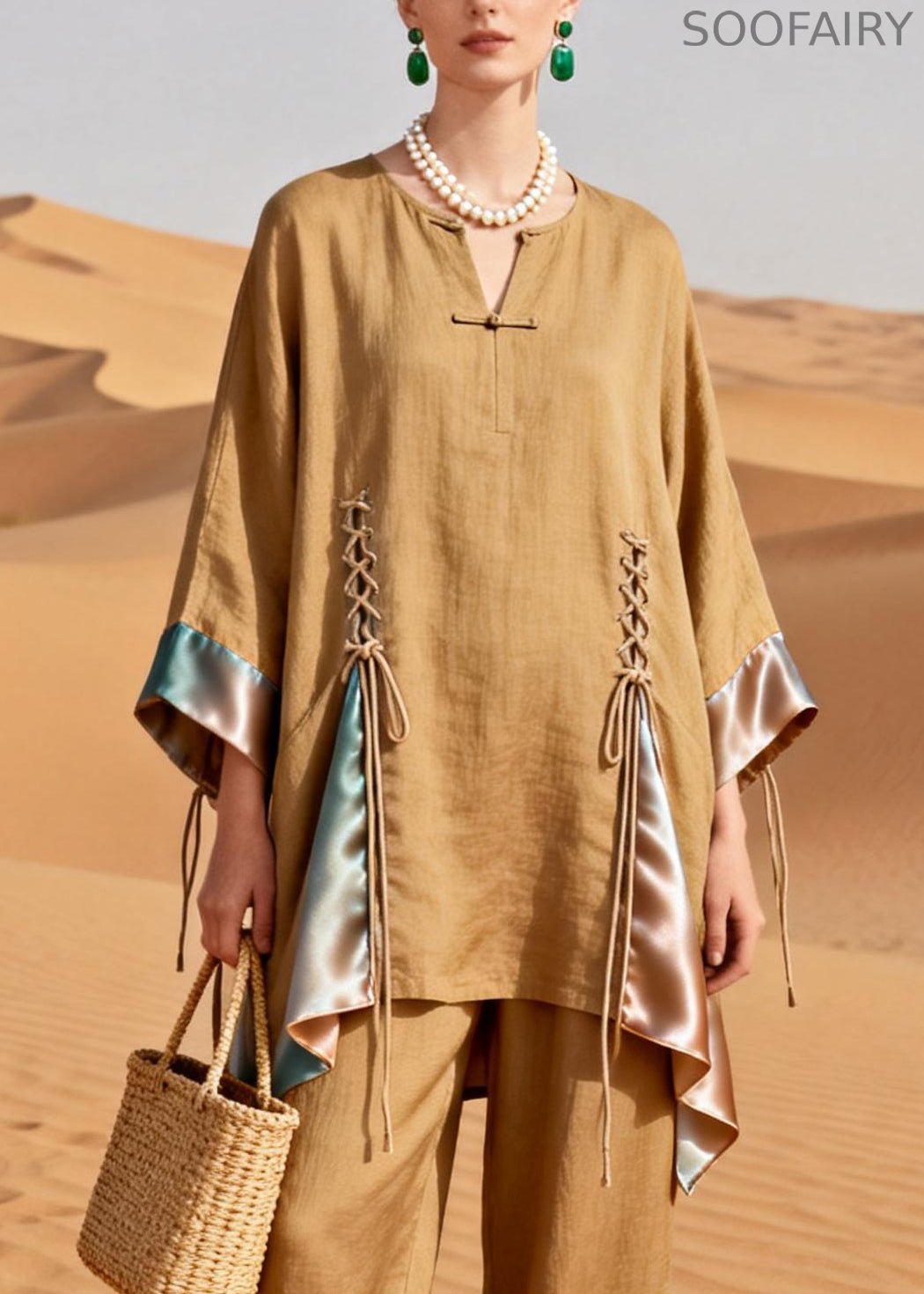 Original Designkhaki Lace Up Patchwork Silk Linen Two Pieces Set