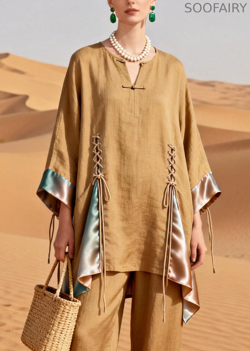 Original Designkhaki Lace Up Patchwork Silk Linen Two Pieces Set