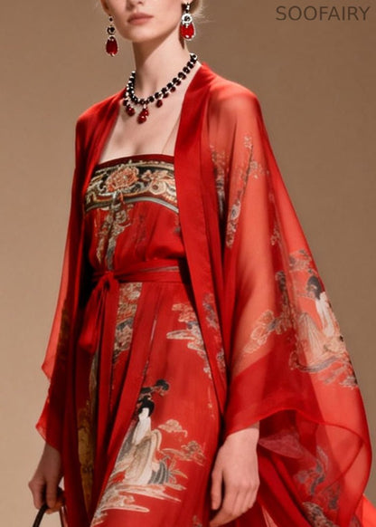 Red Print Draping Chiffon Oriental Dress Two Piece Suit Set Summer