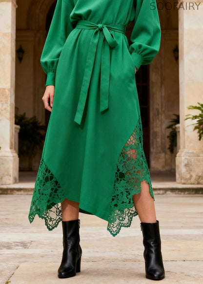 Novelty Green Turtleneck Patchwork Pockets Maxi Dresses Lantern Sleeve