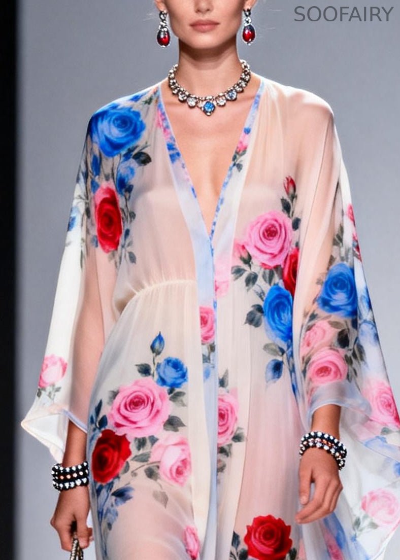 Classy White Oversized Print Chiffon Sheer Dresses Summer