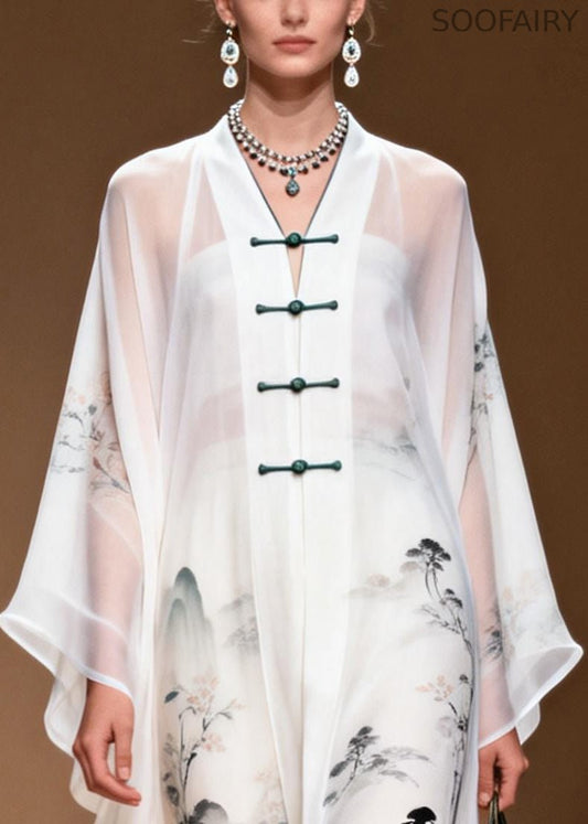White Print Draping Chiffon Oriental Dress Chinese Button Summer
