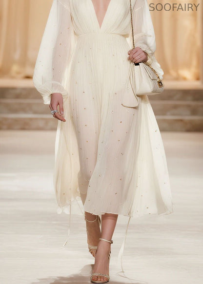 Classy White V Neck Wrinkled Zircon Chiffon Dresses Spring