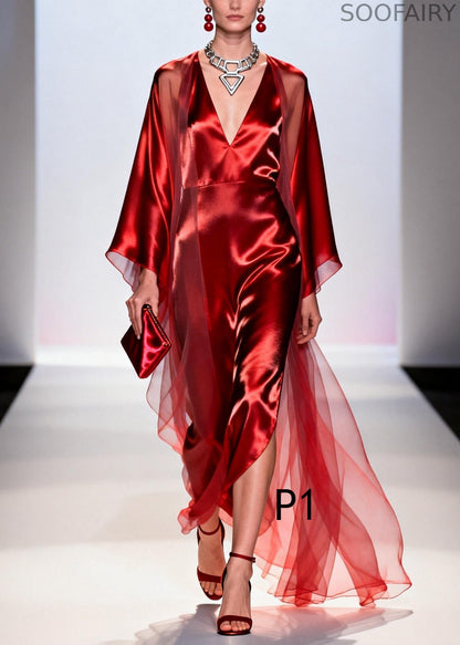 Unique Red V Neck Patchwork Tulle Maxi Dresses Summer