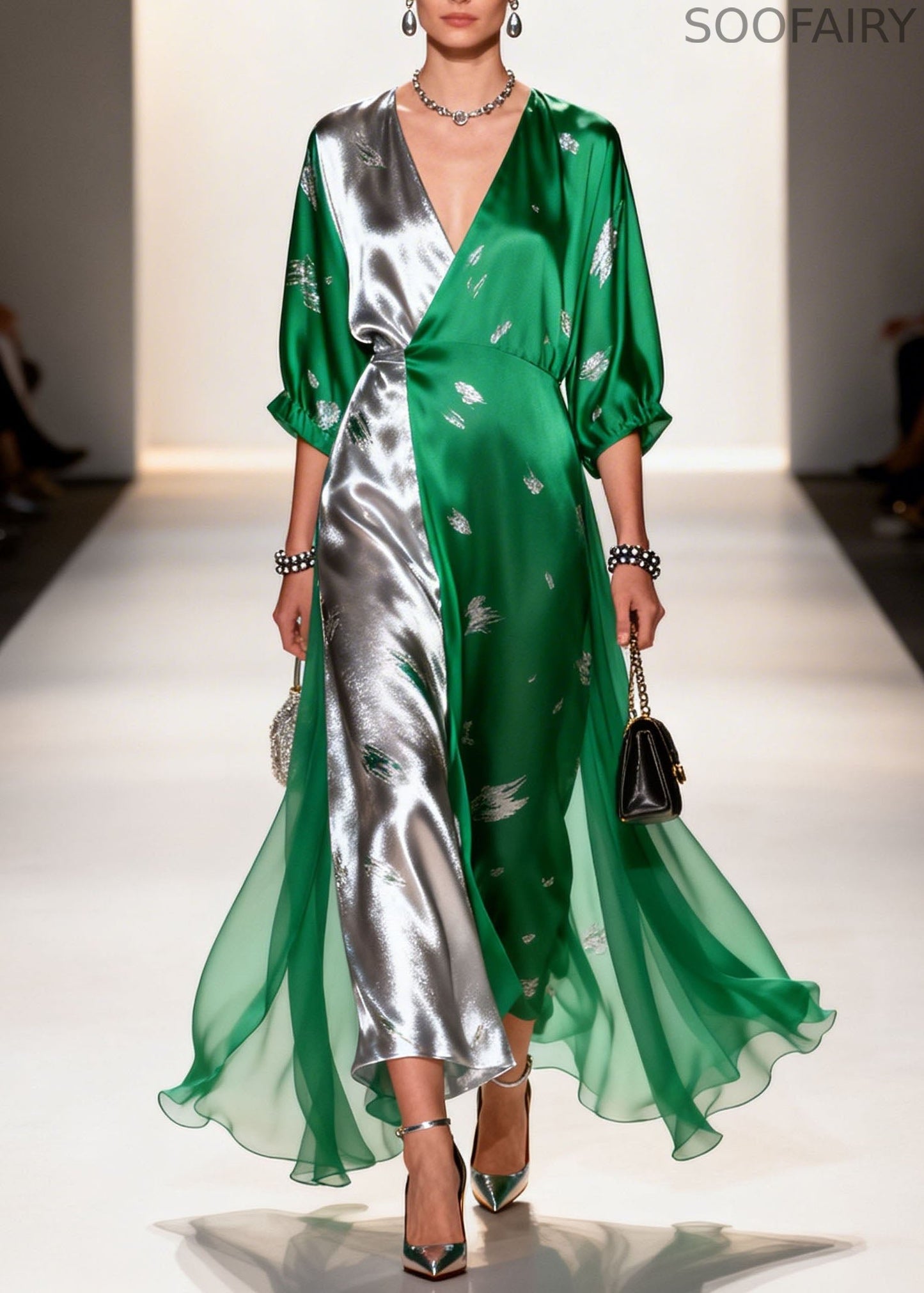 Colorblock V Neck Print Chiffon Long Dresses Summer