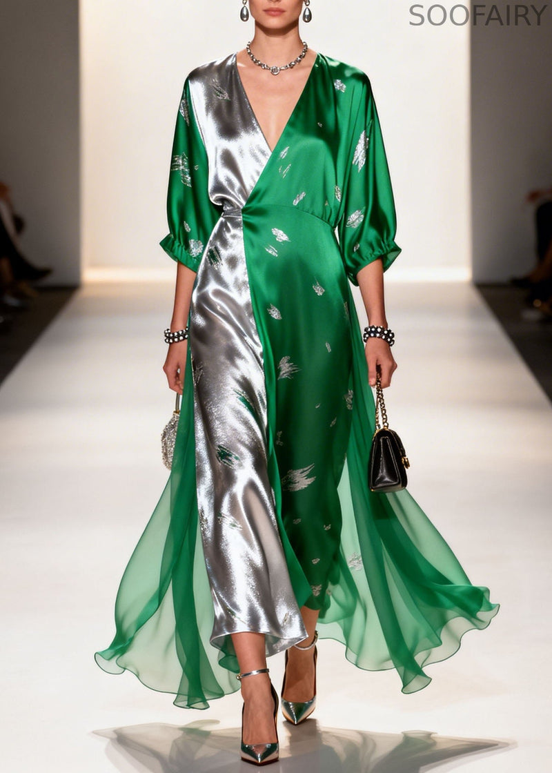 Colorblock V Neck Print Chiffon Long Dresses Summer