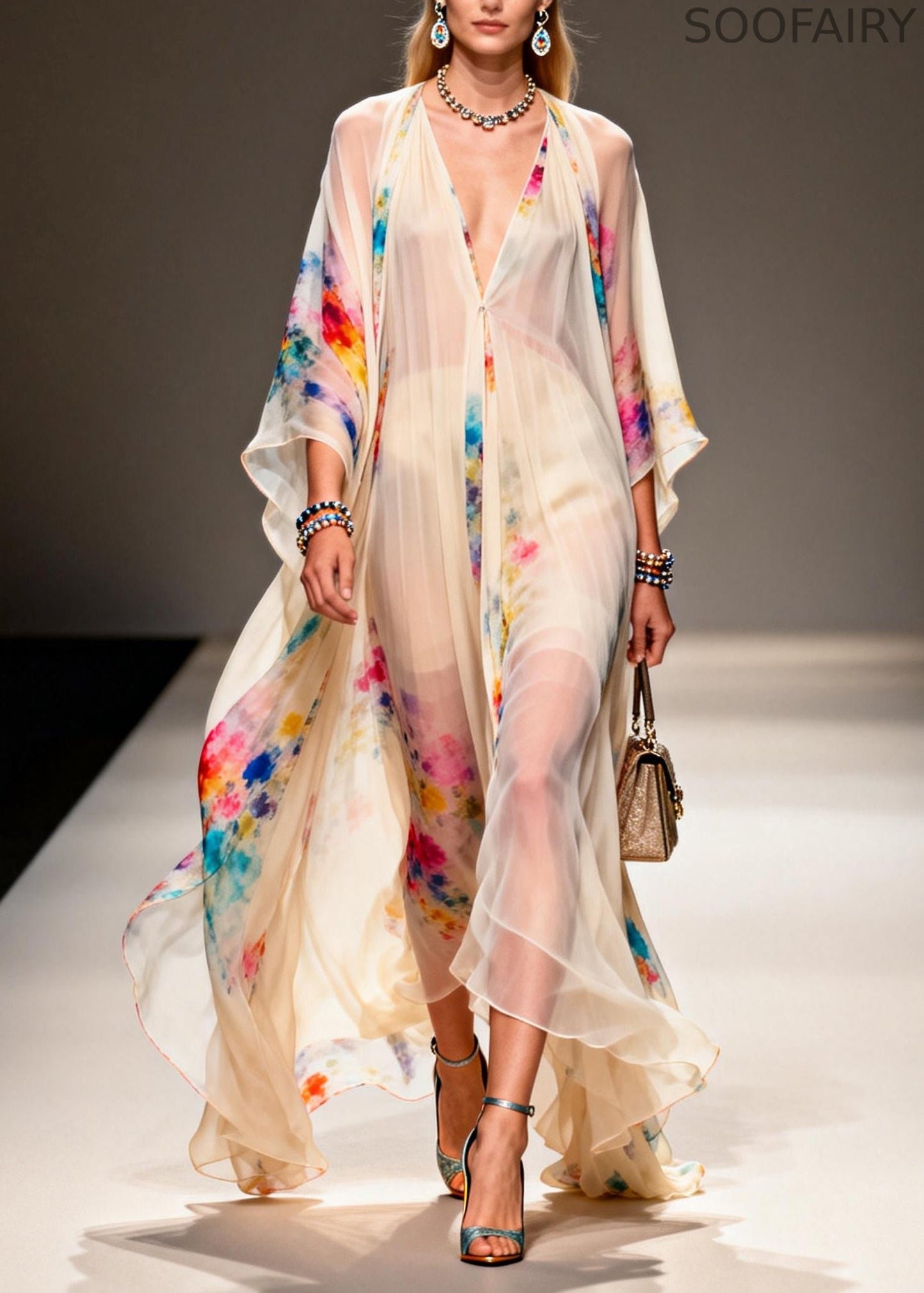 Modern Apricot V Neck Print Chiffon Holiday Dress Summer