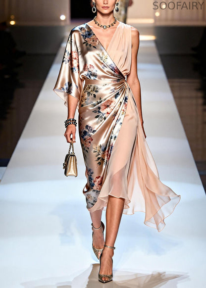 Italian V Neck Print Asymmetrical Design Silk Dress Summer